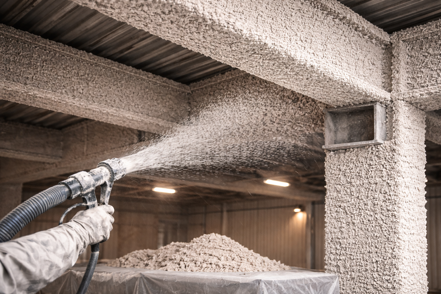 Détail de projection flocage pâteux à base de plâtre